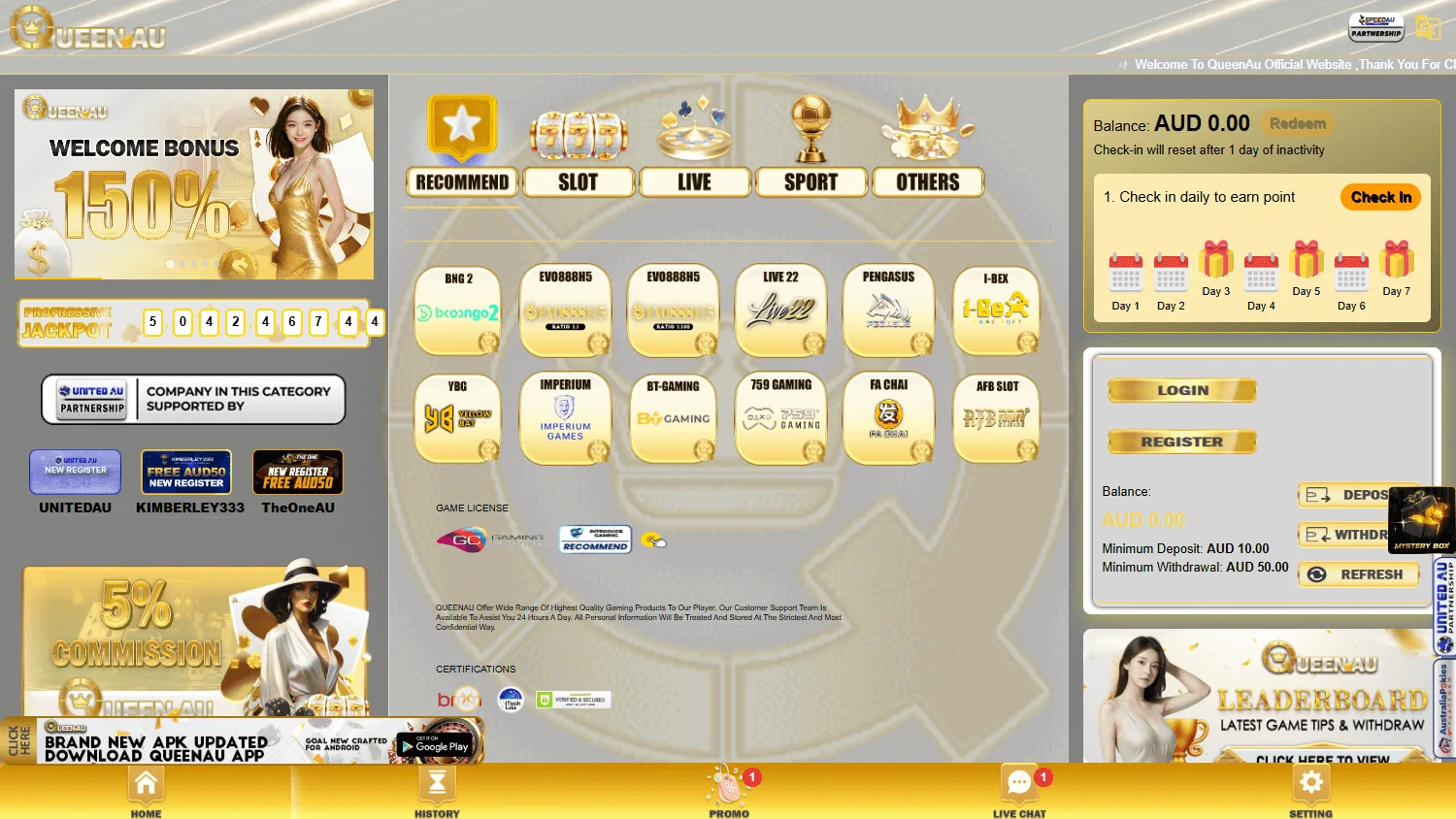 Queenau Casino home experience on desktop with AUD casino access and account features