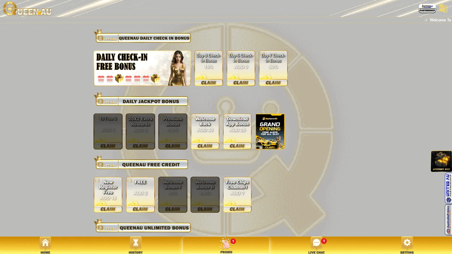 Queenau Casino promotional area on desktop with the welcome package and reward features